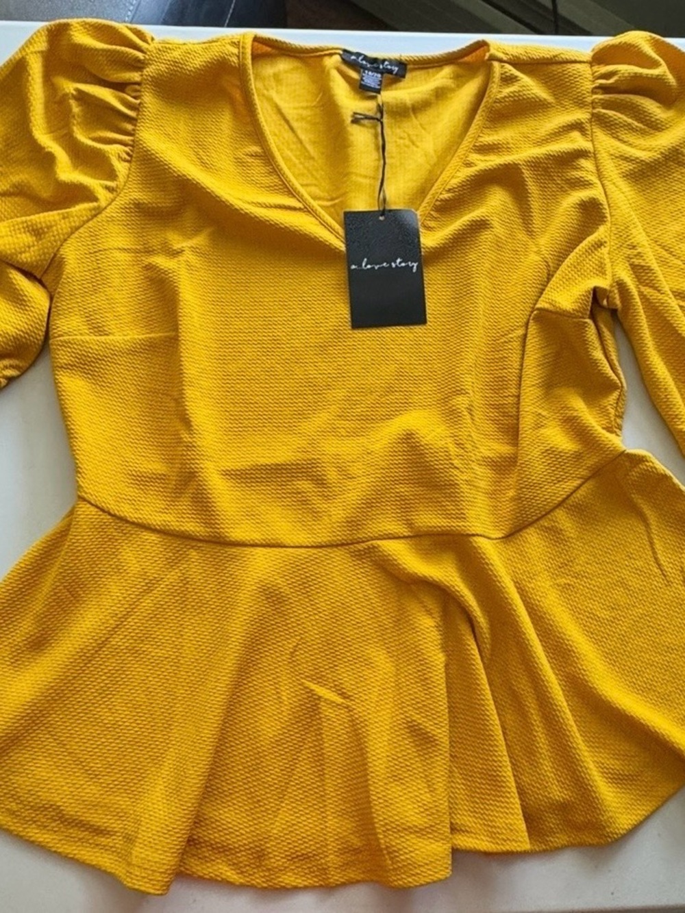 Elevated Mustard Peplum Tunic with V-Neck- Plus Size